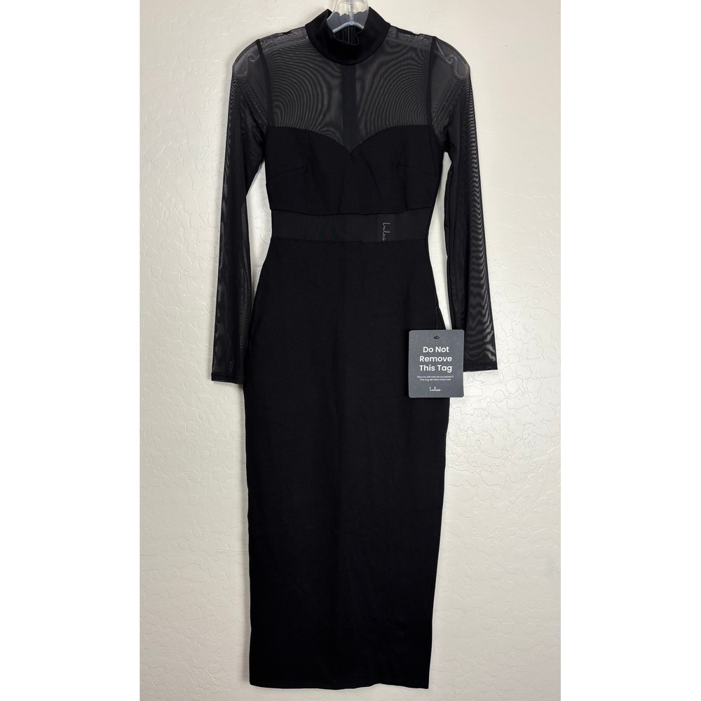 Lulus Sensational Soiree Black Mesh Long Sleeve Bodycon Midi Dress Small 2691 - Picture 2 of 10